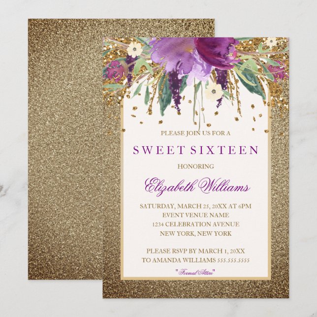 Gold Floral Sparkling Amethyst Sweet Sixteen Invitation (Front/Back)