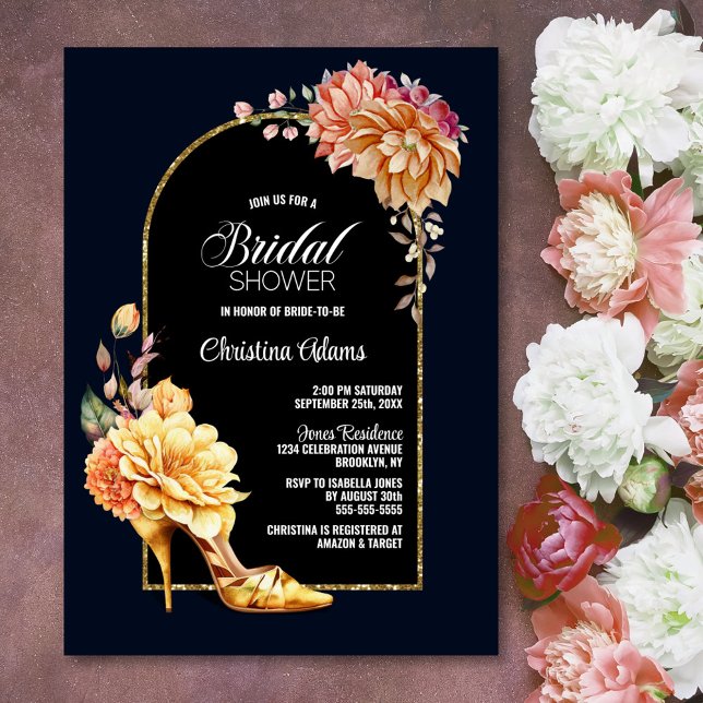 Gold Floral Stiletto Shoe Blue Arch Bridal Shower Invitation (Creator Uploaded)