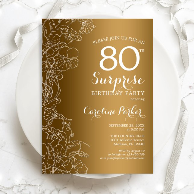 Gold Floral Surprise 80th Birthday Party Invitation (Creator Uploaded)