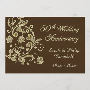 Gold floral swirls, hearts 50 Wedding Anniversary Invitation