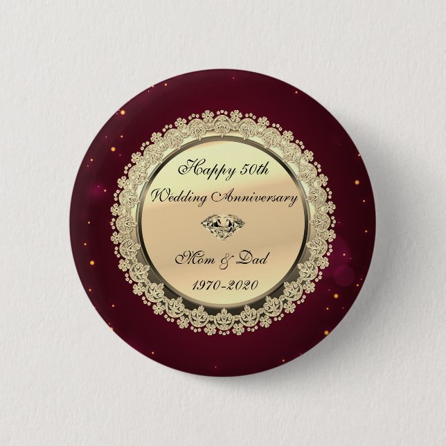Gold Floral  Swirls Red 50th Wedding Anniversary 6 Cm Round Badge (Front)