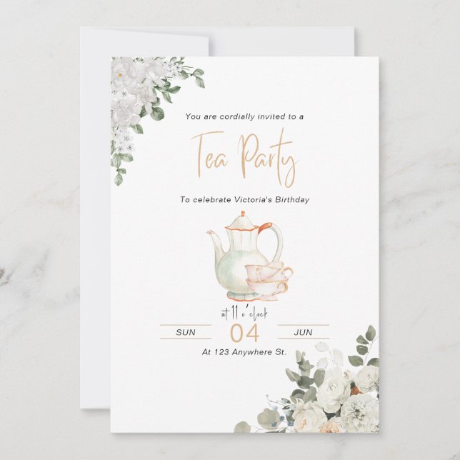 Gold Floral Tea Party Birthday Invitation (Front)