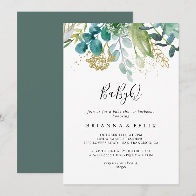 Gold Floral Tropical BabyQ Baby Shower Barbecue Invitation (Front/Back)