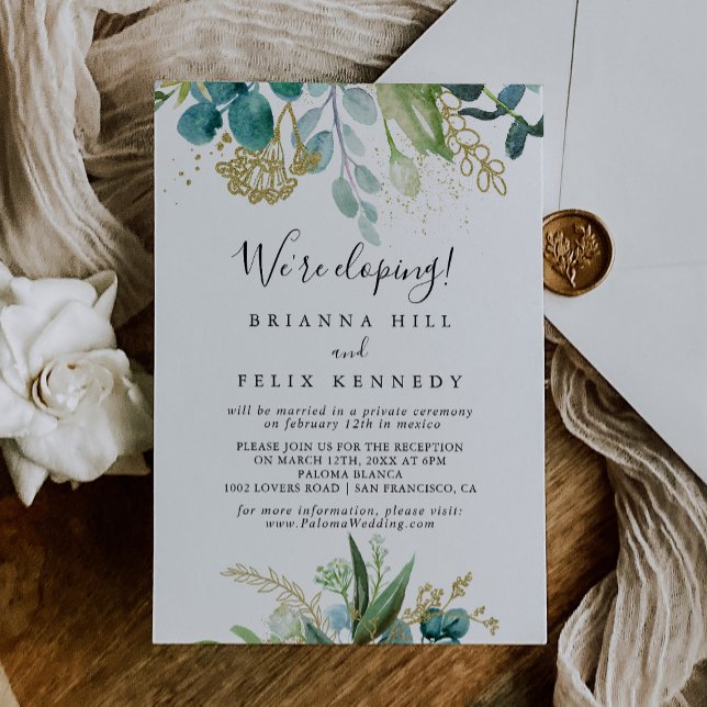 Gold Floral Tropical Green Elopement Reception Invitation (Creator Uploaded)
