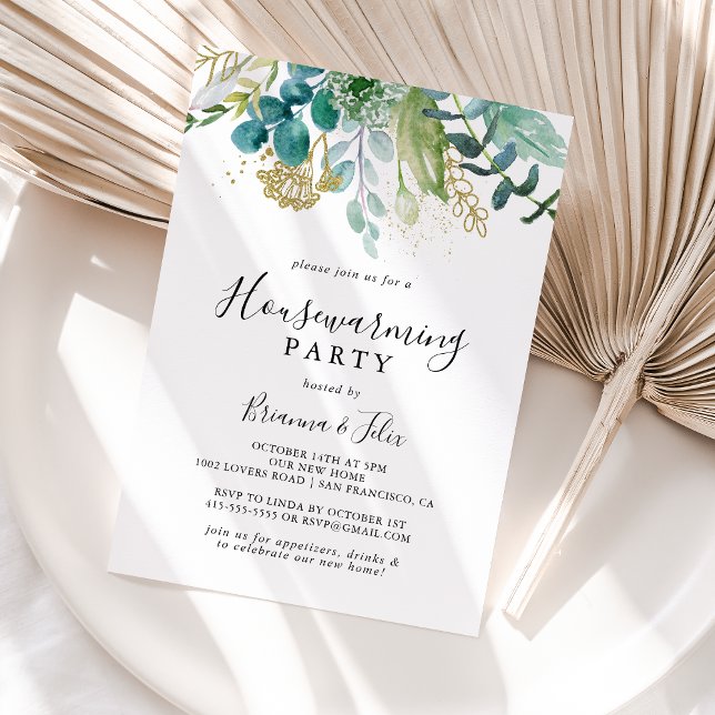 Gold Floral Tropical Green Housewarming Party Invitation (Creator Uploaded)