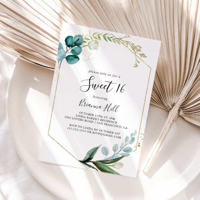 Gold Floral Tropical Green Sweet 16 Birthday Party Invitation (Creator Uploaded)