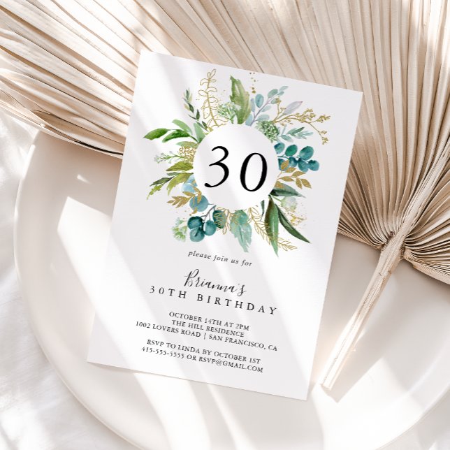 Gold Floral Tropical Greenery 30th Birthday Party Invitation (Creator Uploaded)