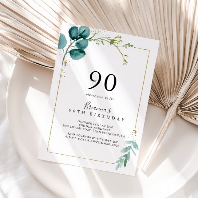 Gold Floral Tropical Greenery 90th Birthday Party Invitation (Creator Uploaded)