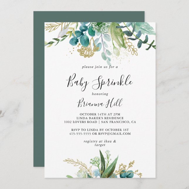 Gold Floral Tropical Greenery Baby Sprinkle Invitation (Front/Back)