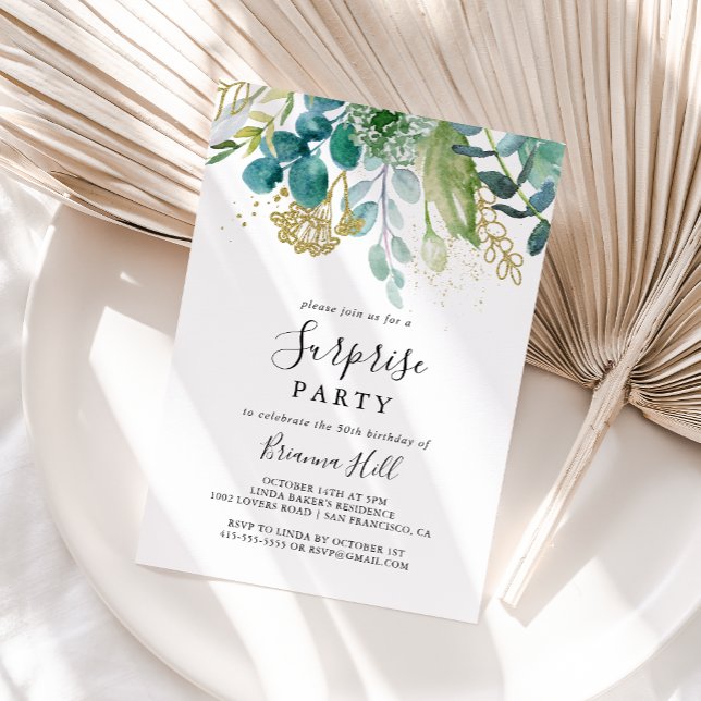 Gold Floral Tropical Greenery Surprise Party Invitation (Creator Uploaded)