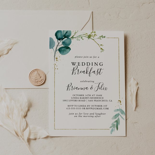 Gold Floral Tropical Greenery Wedding Breakfast Invitation (Creator Uploaded)