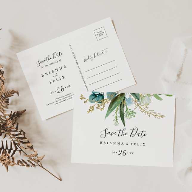 Gold Floral Tropical Horizontal Save the Date Postcard (Creator Uploaded)