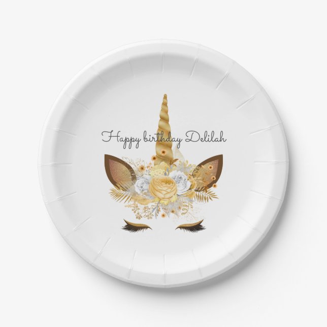 Gold Floral Unicorn Birthday Paper Plate (Front)