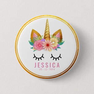 Gold Floral Unicorn Party 6 Cm Round Badge