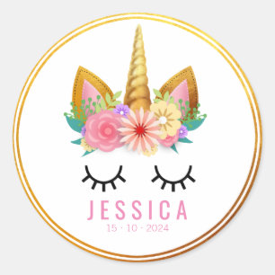 Gold Floral Unicorn Party Classic Round Sticker