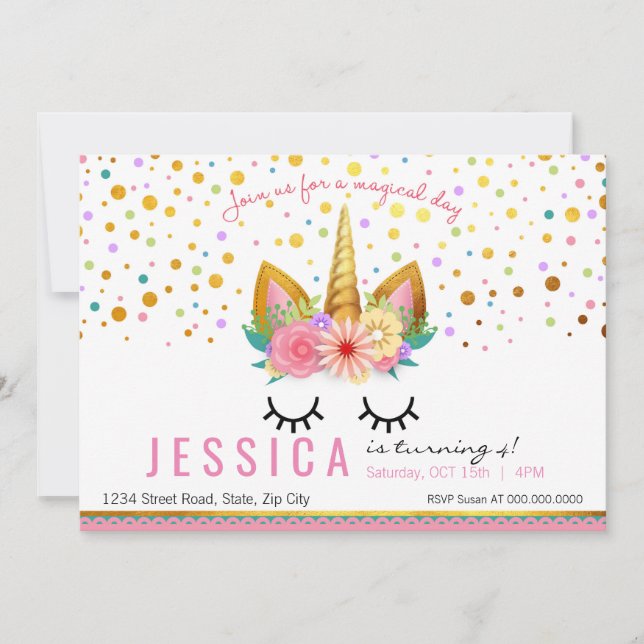 Gold Floral Unicorn Party Invitation (Front)