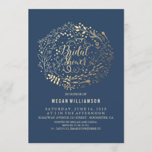 Gold Floral Vintage Navy Bridal Shower Invitation