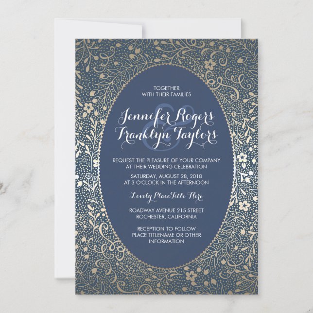 Gold Floral Vintage Navy Wedding Invitations (Front)
