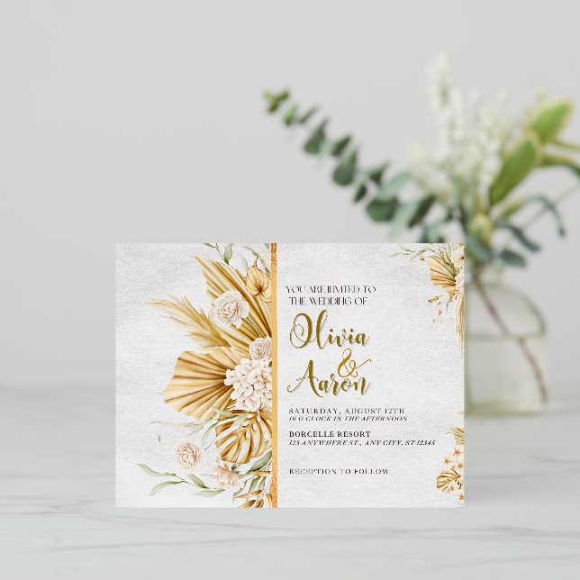 Gold Floral Wedding Invitation Landscape (Standing Front)