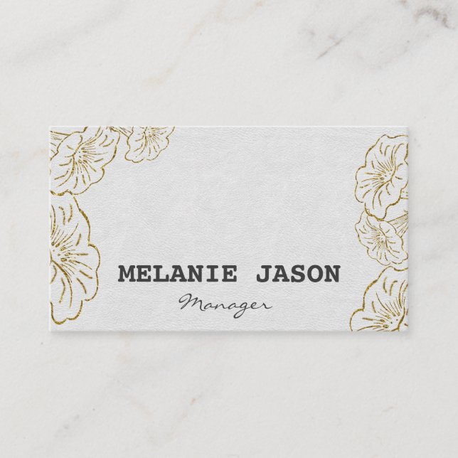 Gold Floral White Business Cards Custom Monogram (Front)