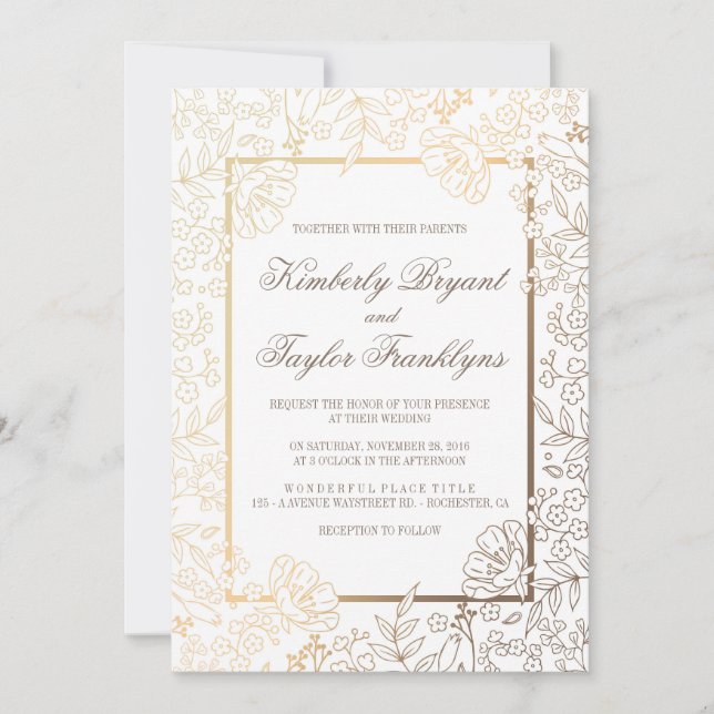 Gold Floral White Vintage Wedding Invitation (Front)