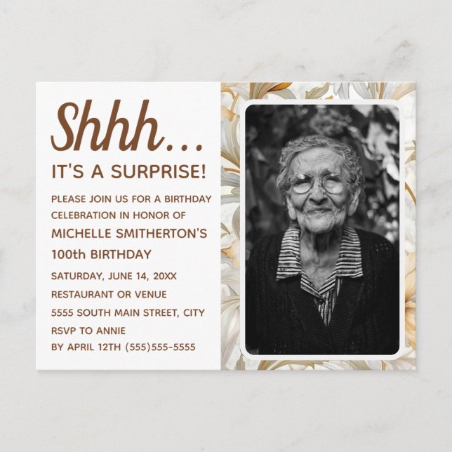 Gold Floral Women's 100th Surprise Birthday Photo Invitation Postcard (Front)