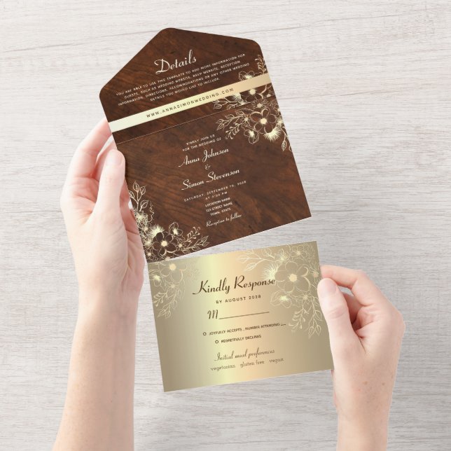 Gold Floral Wood Vintage Wedding All In One Invitation (Tearaway)