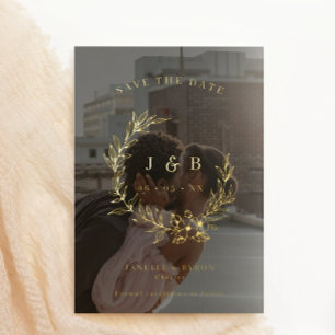Gold Floral Wreath Monogram Photo Save The Date