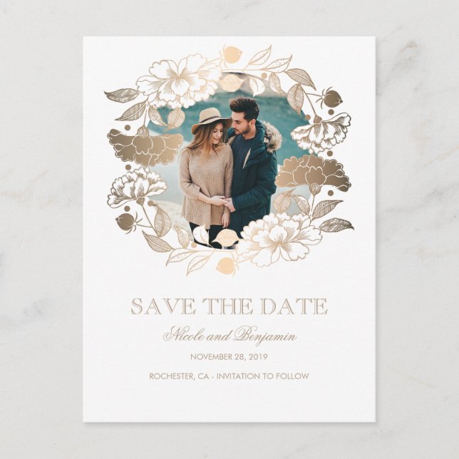 Gold Floral Wreath | Peonies | Photo Save the Date Announcement Postcard (Front)