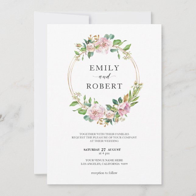 Gold floral wreath save the date (Front)