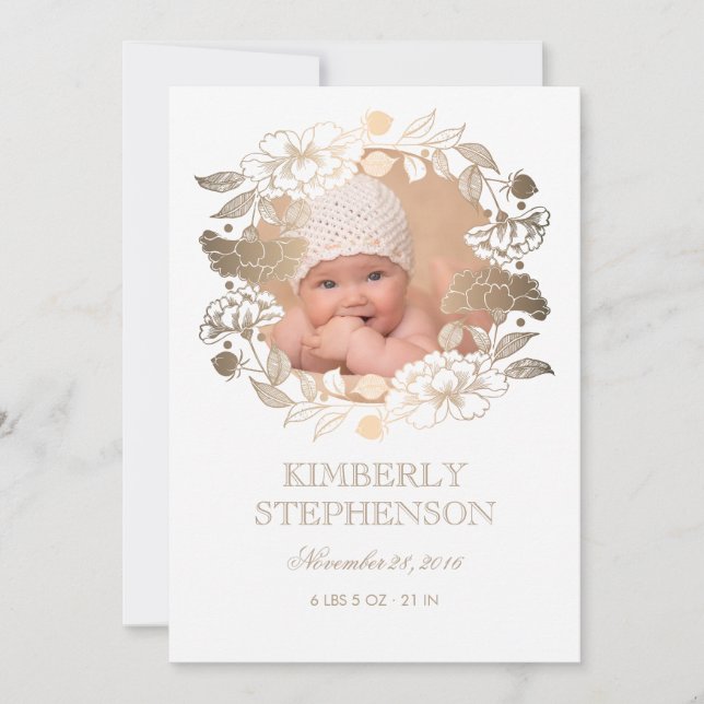 Gold Floral Wreath Sweet Newborn Baby Photo Birth Announcement (Front)