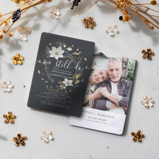 Gold Floral Wreath We Still Do Vow Renewal Photo Invitation (Creator Uploaded)
