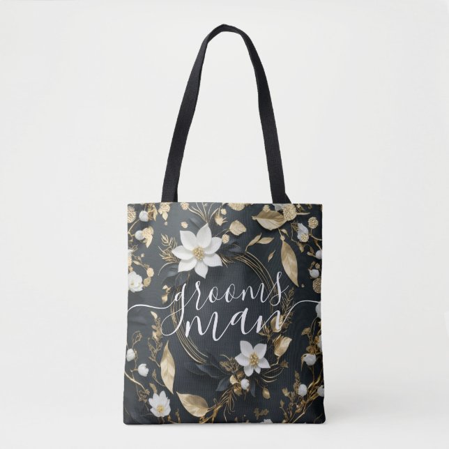Gold Floral Wreath Wedding Groomsman Best Man Tote Bag (Front)