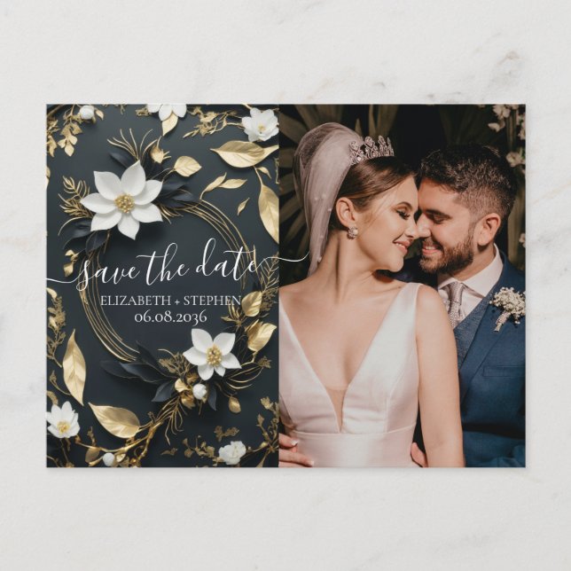 Gold Floral Wreath Wedding Photo Save the Date Announcement Postcard (Front)
