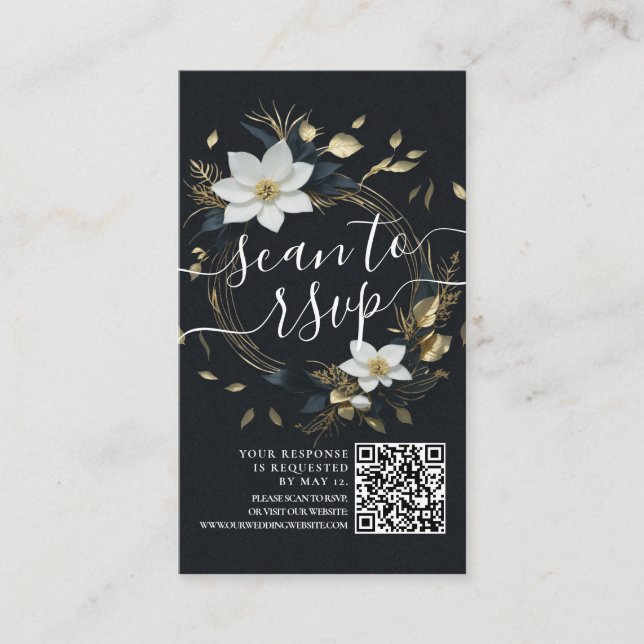 Gold Floral Wreath Wedding QR Code Website RSVP Enclosure Card (Front)