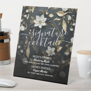 Gold Floral Wreath Wedding Signature Drink Menu Pedestal Sign