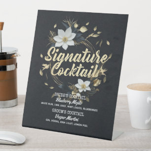 Gold Floral Wreath Wedding Signature Drink Menu Pedestal Sign