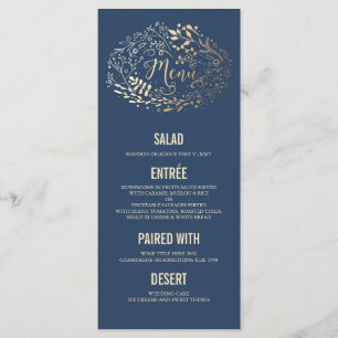 Gold Florals Elegant Navy Blue wedding menu cards