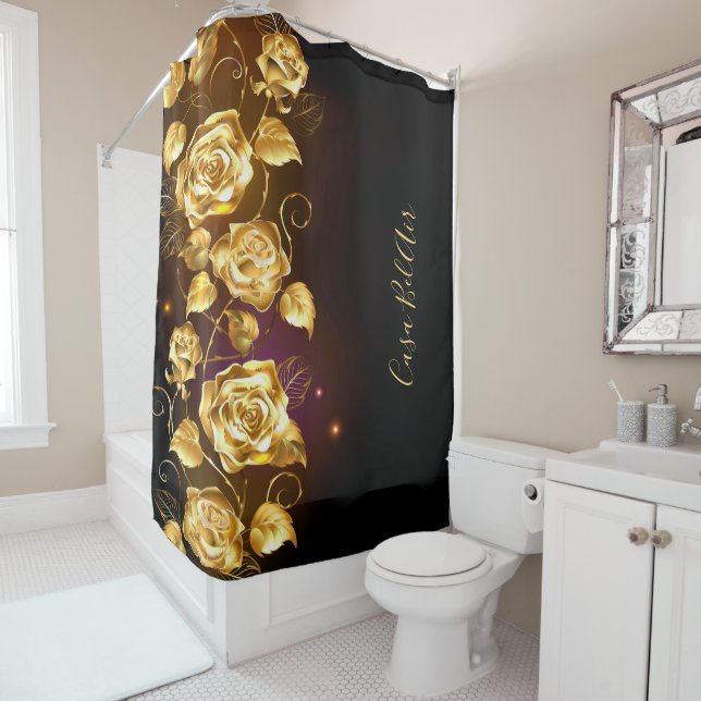 Gold florals flowers black purple house name shower curtain (In Situ)