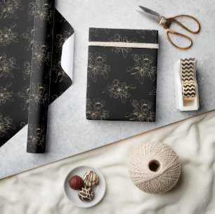 Gold Florals On Black Wedding Wrapping Paper