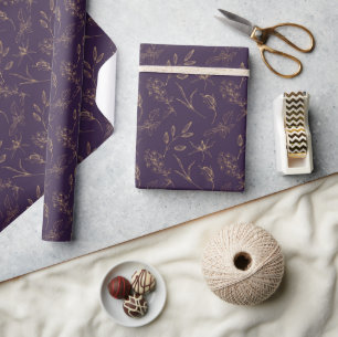 Gold Florals On Dark Purple Wedding Wrapping Paper