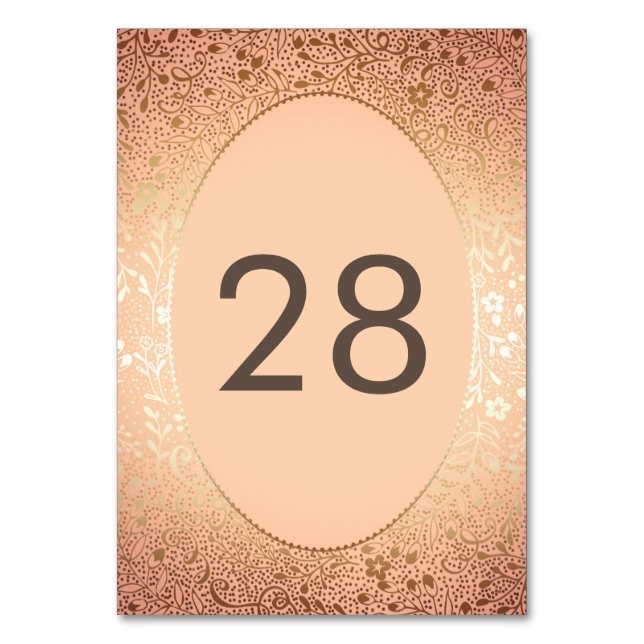 Gold Florals Peach Elegant Wedding Table Number (Front)