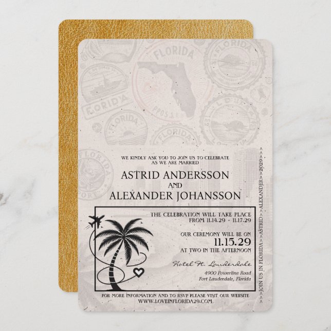 Gold Florida Passport Wedding Invitation (Front/Back)
