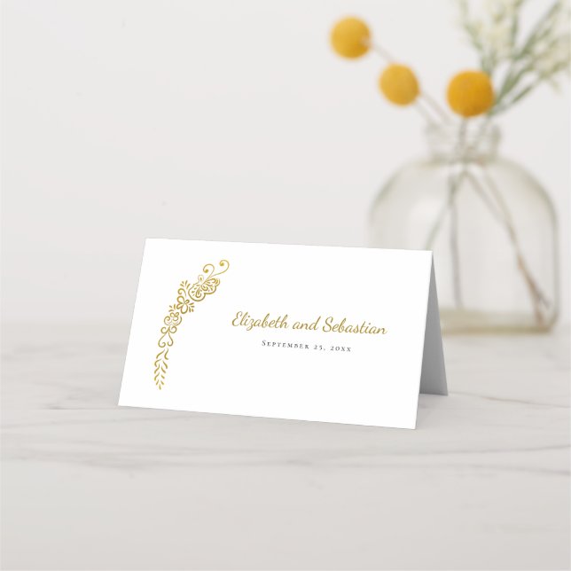 Gold Flourish Butterfly White Elegant Wedding Place Card (Front)