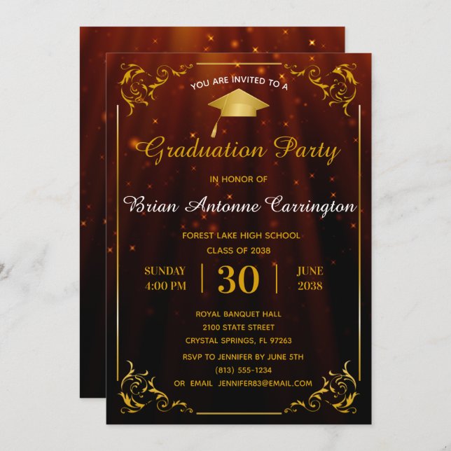 Gold Flourish Frame Graduation Party Invitation (Front/Back)
