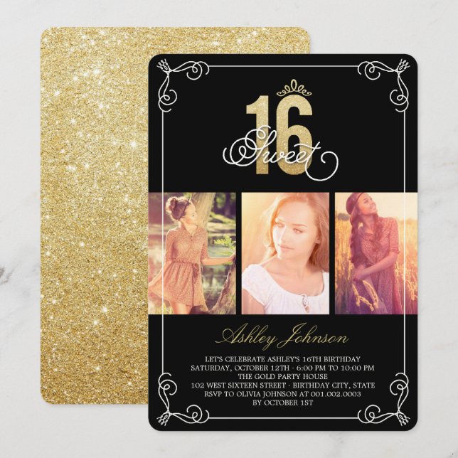 Gold Flourish Glam Sweet 16 Photo Birthday Party Invitation (Front/Back)