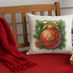 Gold Flourish Red Ornament & Pine Cushion