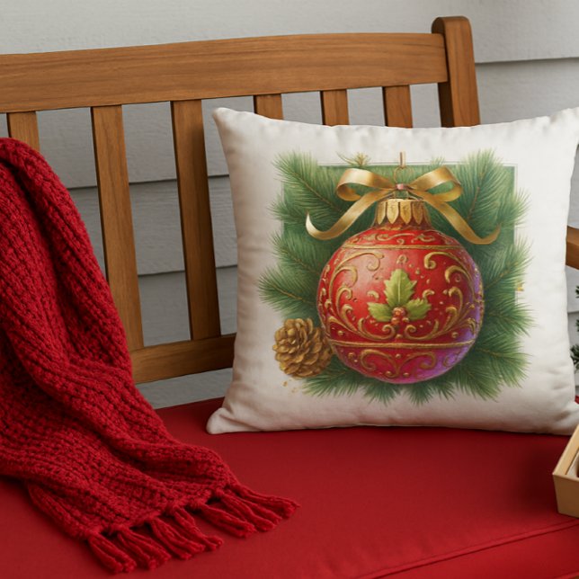 Gold Flourish Red Ornament & Pine  Cushion (Creator Uploaded)