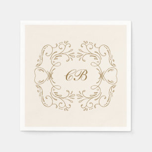 Gold Flourish Wreath Monogram Ivory Wedding Party  Napkin
