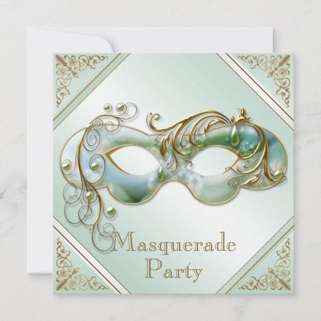 Gold Flourishes Mask Masquerade Party Mint Green Invitation (Front)